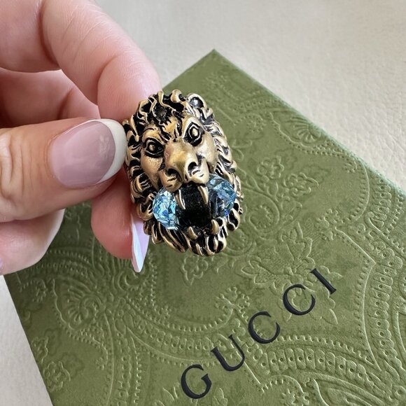 NEW Gucci Lion Head Gold Ring Blue Aquamarine Stone Size 23 IT 10.5 US - Picture 6 of 10
